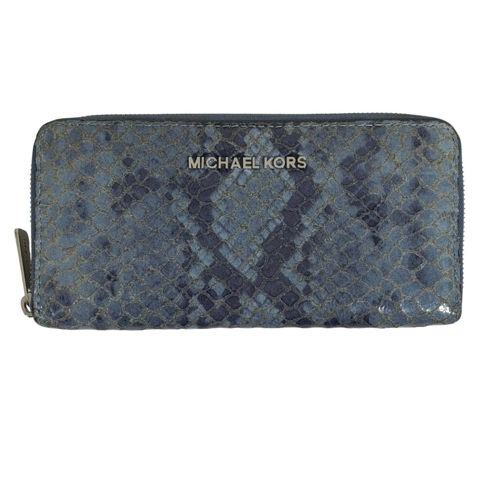 Michael Kors Bedford Denim Blue / Silver Python Leather Zip Around Wallet